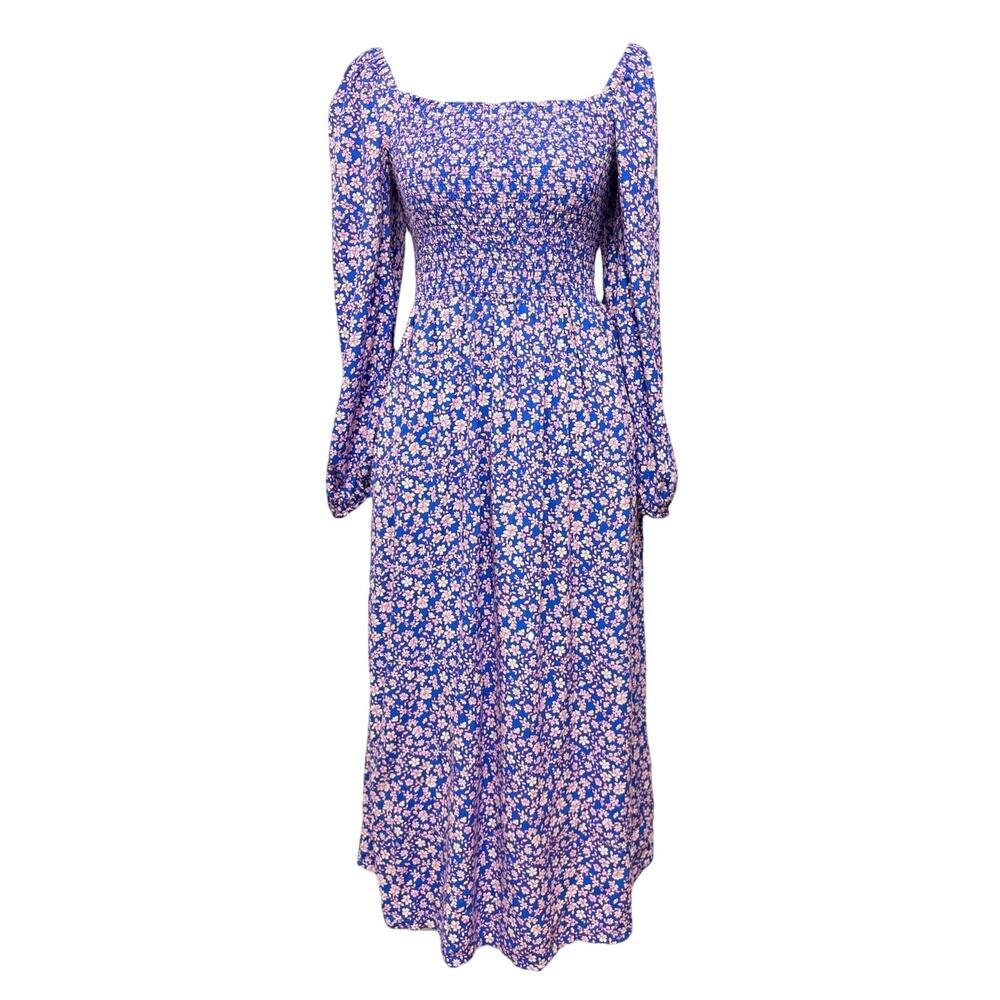 J.Crew Re-Imagined Floral Midi Dress M Blue Pink Smocked Square Neck Boho